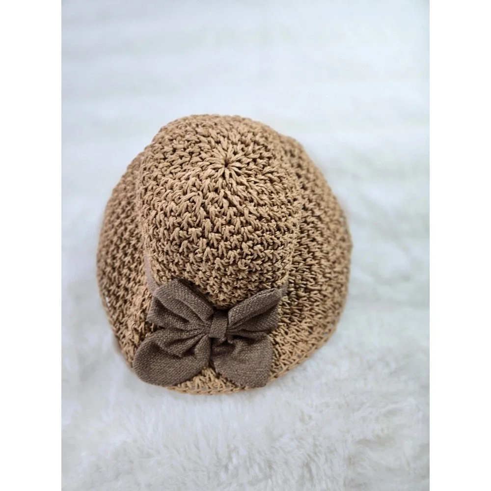 Woven Straw‎ Sun Hat with Brown Bow Accent Tan Cottagecore Summer Beach Hat